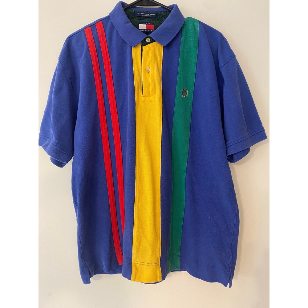 Vintage Tommy Hilfiger Colorblock Polo Shirt Mens Large Blue Yellow Green Red